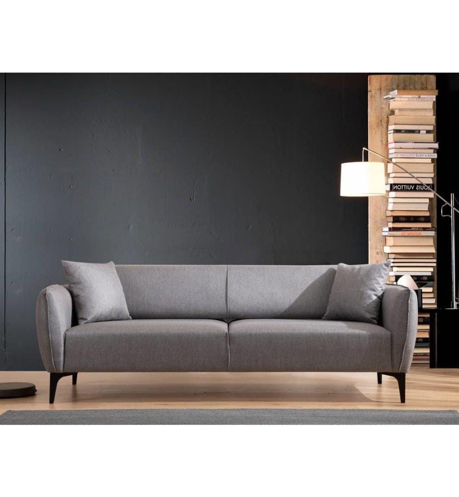 3-Seat Sofa, Grey, Beech Wood - Chipboard Frame, Polyester Fabric