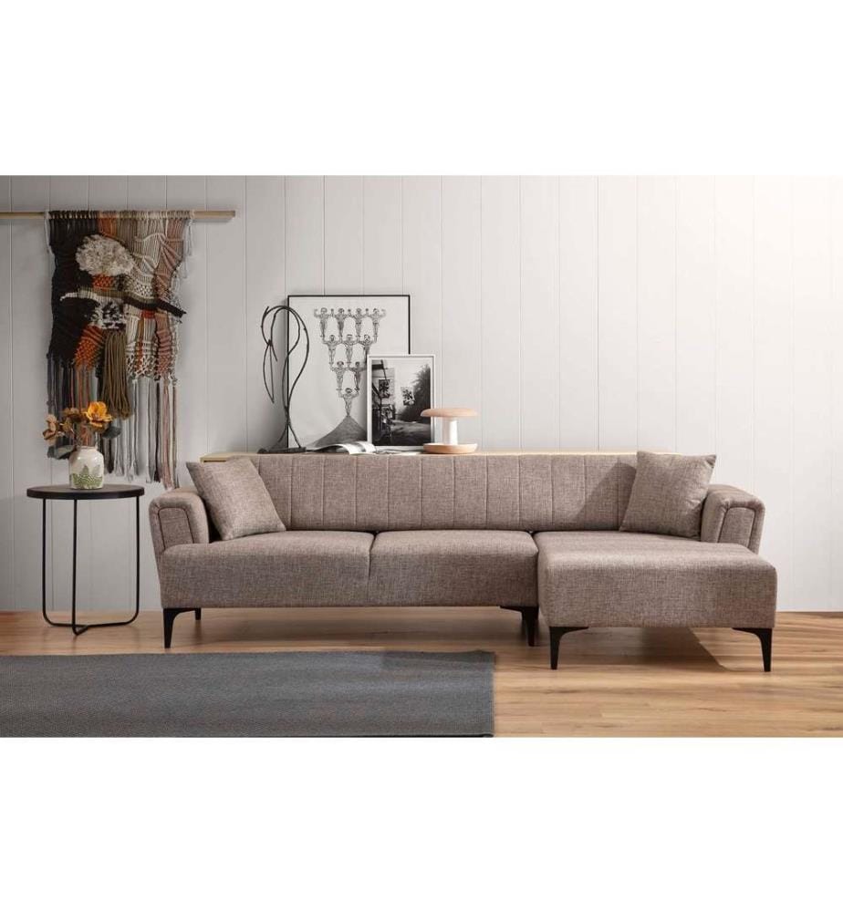 Corner Sofa-Bed, Light Brown, Frame: Beech Wood - Chipboard, Fabric: 100% Polyester