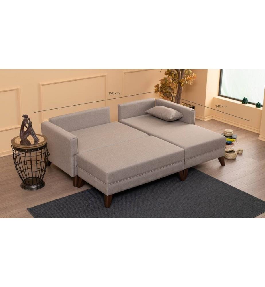 Divano-letto angolare, Crema, Struttura in legno e tessuto in poliestere