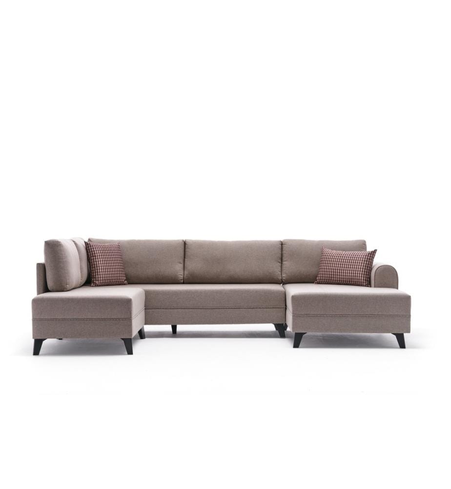 Divano-letto angolare, crema, struttura in legno di abete, tessuto 50% poliestere - 50% lino