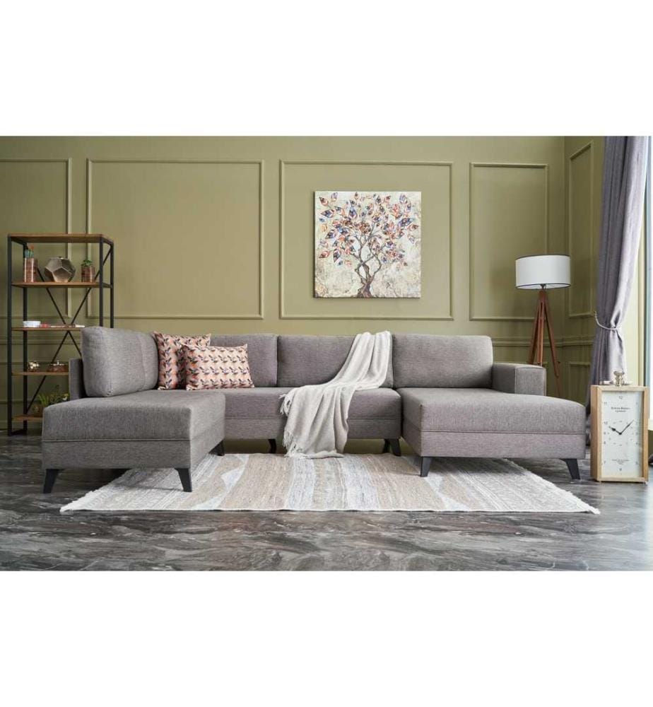 Divano-letto angolare, marrone, struttura in legno di abete, tessuto 50% poliestere - 50% lino