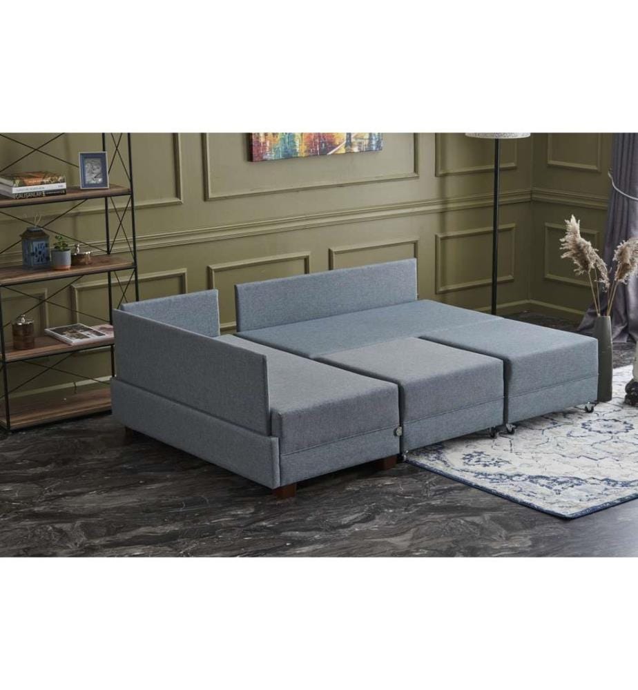 Divano-letto angolare, blu, struttura in particelle di legno e rivestita in melamina, tessuto in cotone e poliestere