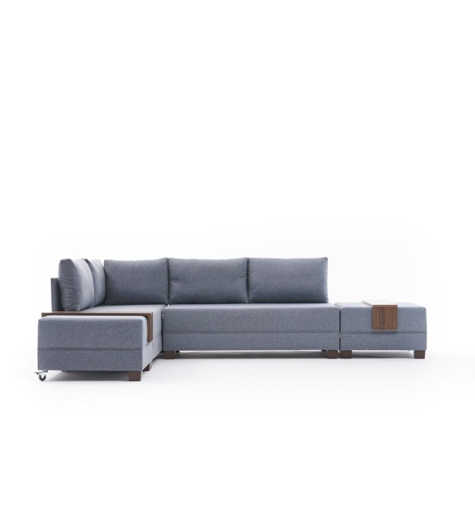 Divano-letto angolare, blu, struttura in particelle di legno e rivestita in melamina, tessuto in cotone e poliestere