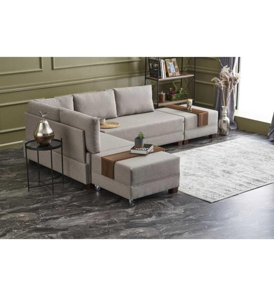 Divano-letto angolare, crema, struttura in particelle di legno e rivestita in melamina, tessuto in cotone e poliestere