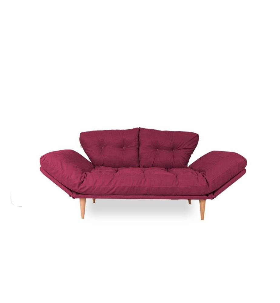 Divano-letto a 3 posti, rosso scuro, struttura in metallo, tessuto in lino