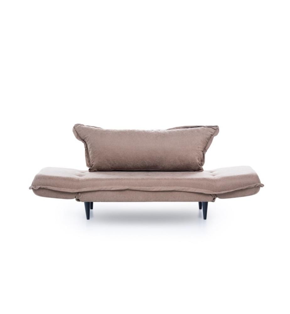 Divano-letto a 2 posti, visone, struttura in metallo, gambe in legno, tessuto in lino