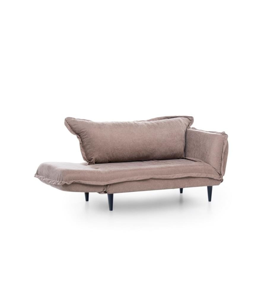 Divano-letto a 2 posti, visone, struttura in metallo, gambe in legno, tessuto in lino