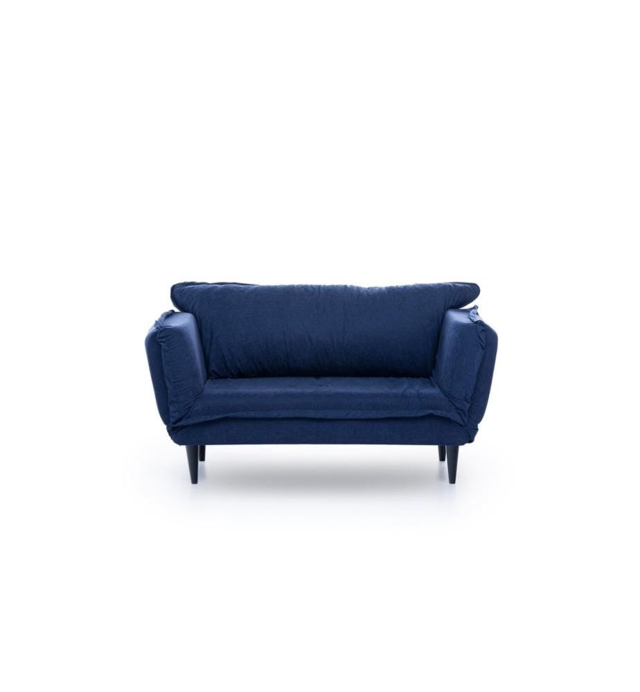 Divano-letto a 2 posti, blu navy, struttura in metallo, gambe in legno, tessuto in lino