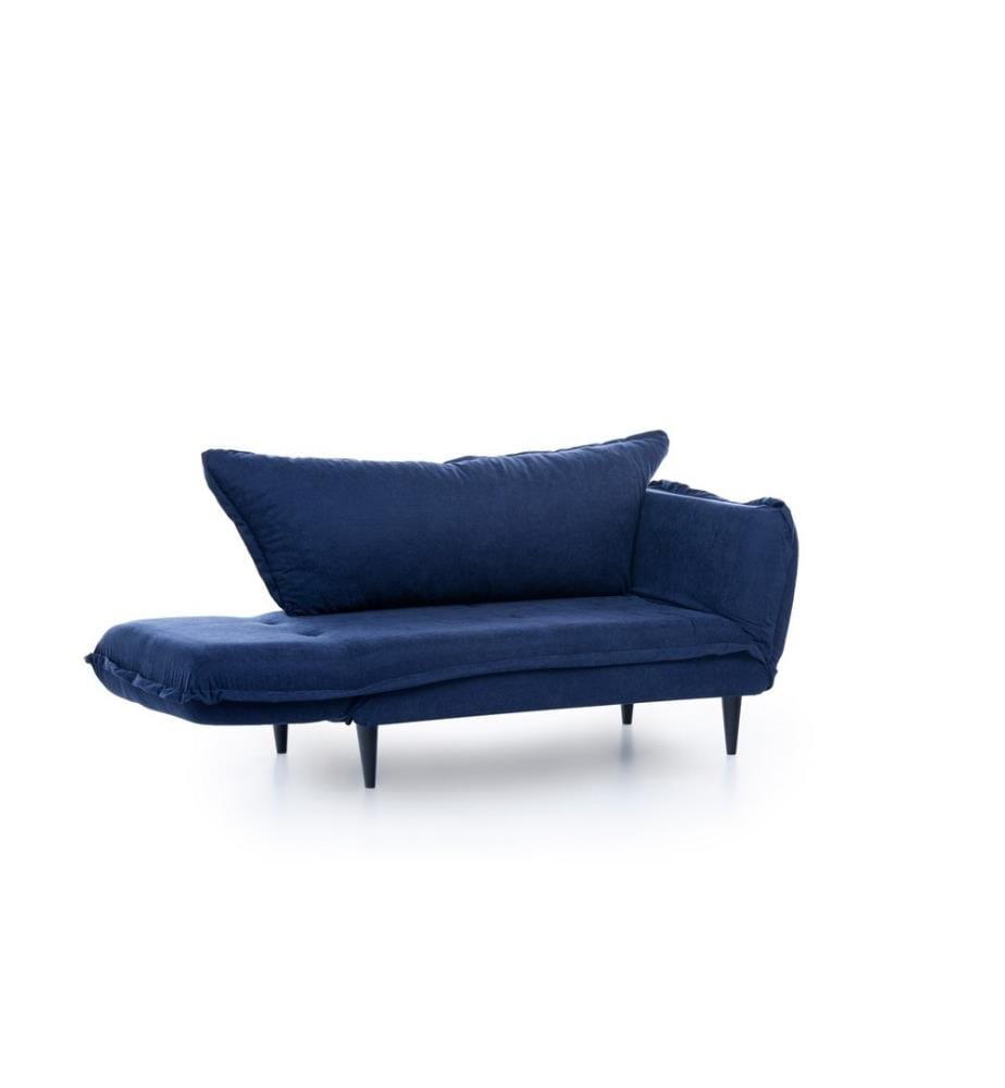 Divano-letto a 2 posti, blu navy, struttura in metallo, gambe in legno, tessuto in lino