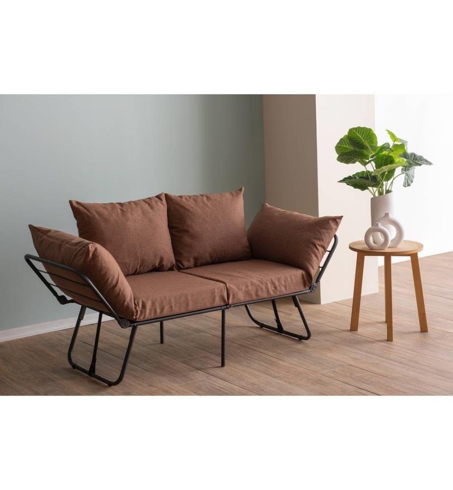 Divano letto a 2 posti, Marrone chiaro, Struttura: 100% Metallo, Tessuto: Tessuto di lino