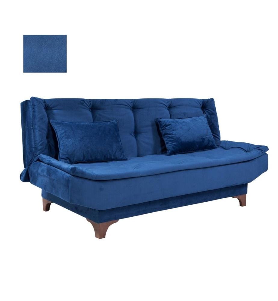 Divano-letto a 3 posti, blu, struttura in legno di pino