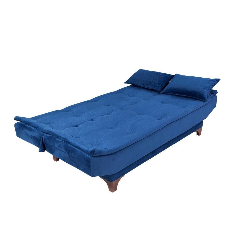 Divano-letto a 3 posti, blu, struttura in legno di pino