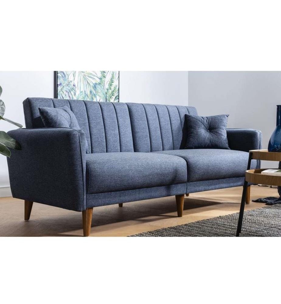Divano-letto a 3 posti, blu scuro, legno di carpino - struttura in metallo, tessuto di lino