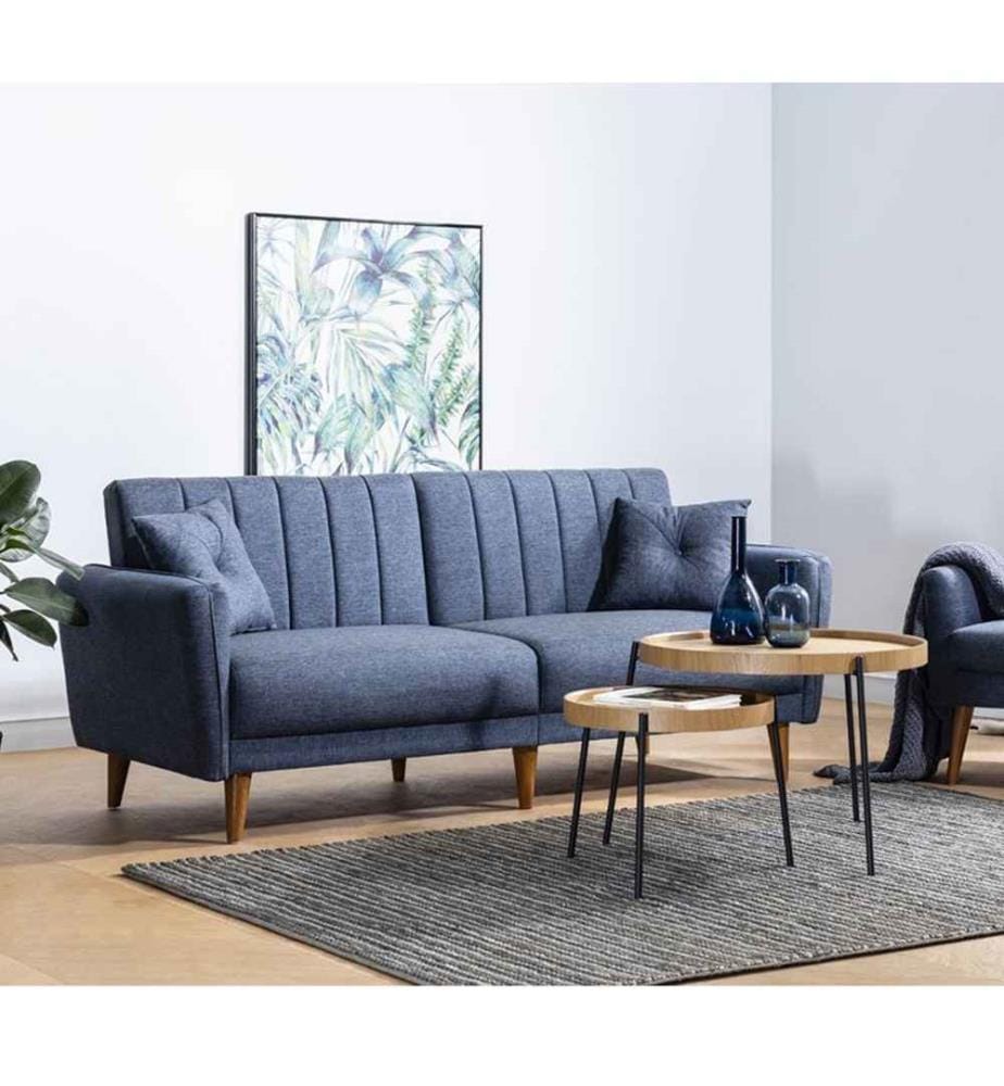 Divano-letto a 3 posti, blu scuro, legno di carpino - struttura in metallo, tessuto di lino