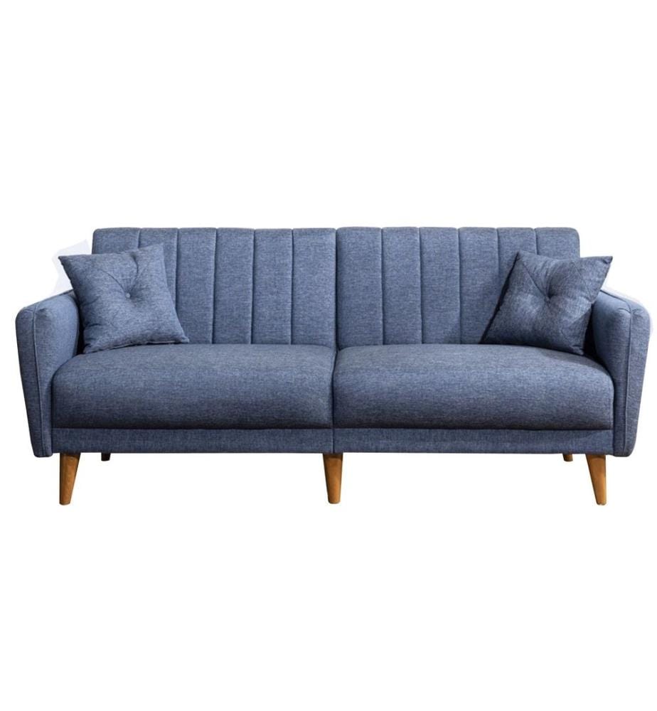 Divano-letto a 3 posti, blu scuro, legno di carpino - struttura in metallo, tessuto di lino