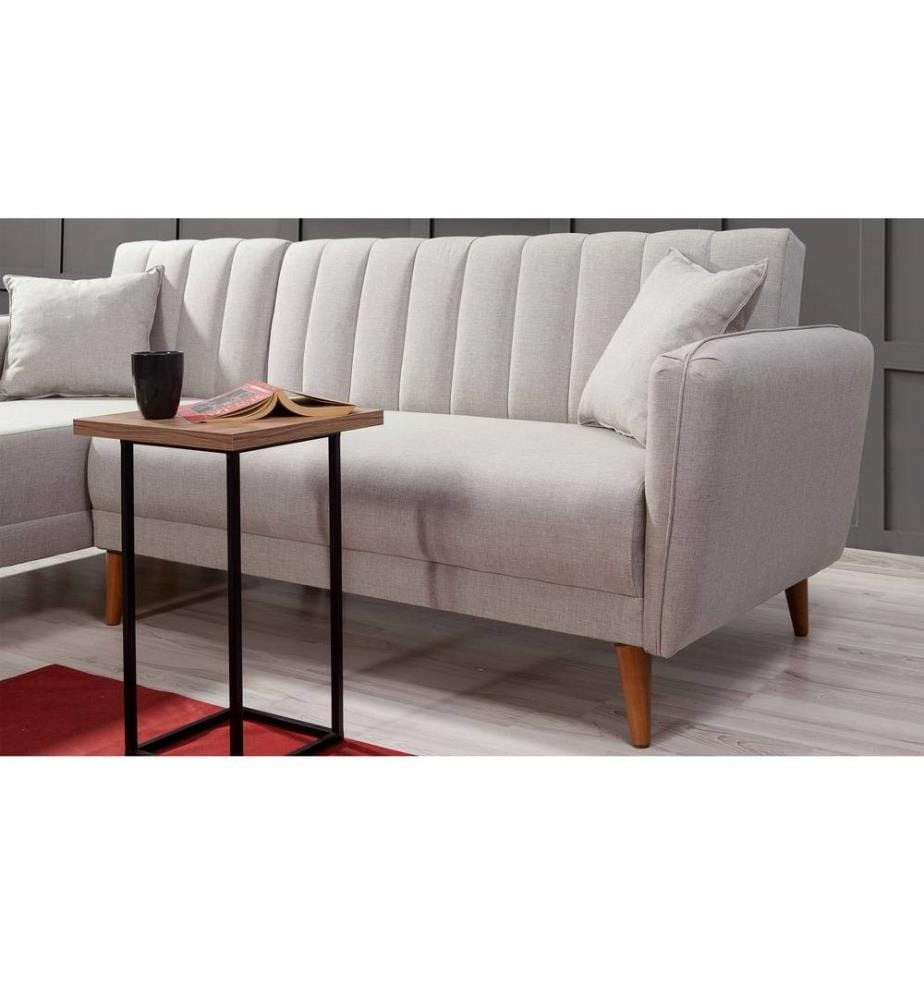 Divano-letto angolare, crema, legno di carpino - struttura in metallo, tessuto di lino