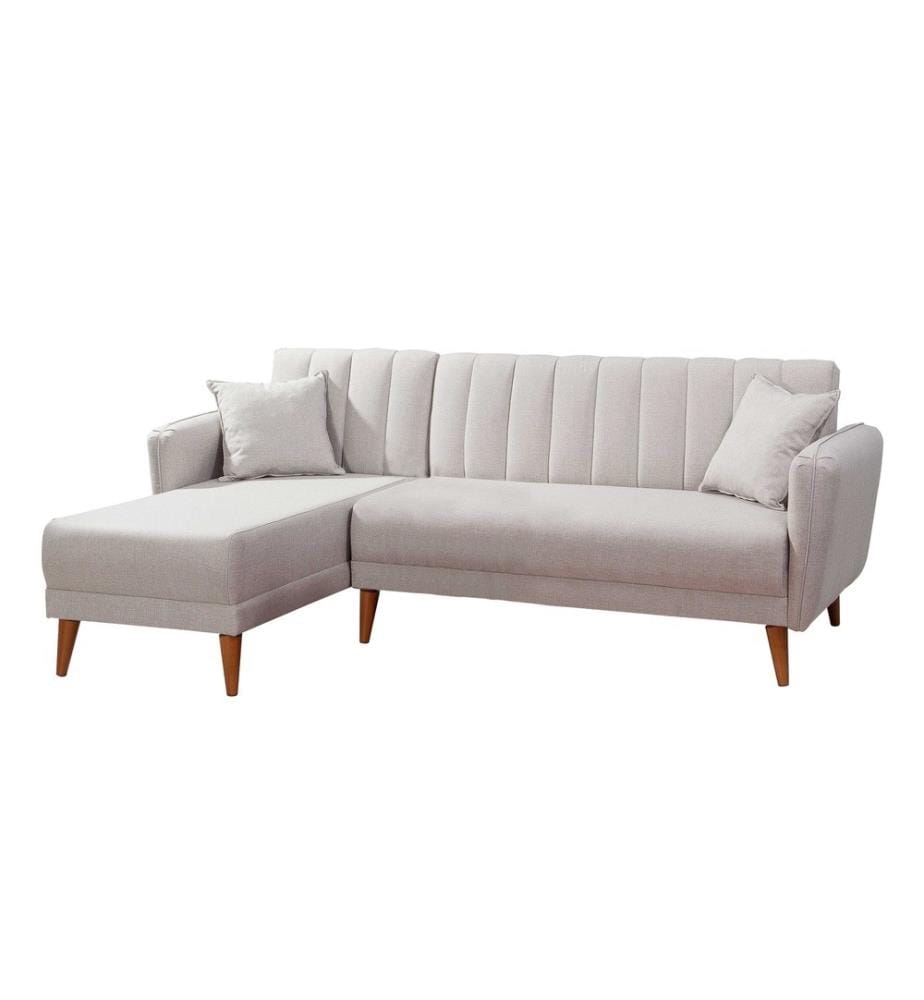 Divano-letto angolare, crema, legno di carpino - struttura in metallo, tessuto di lino