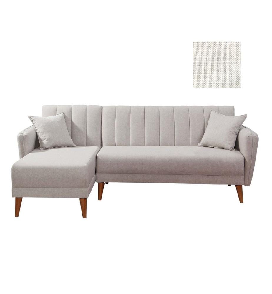 Divano-letto angolare, crema, legno di carpino - struttura in metallo, tessuto di lino