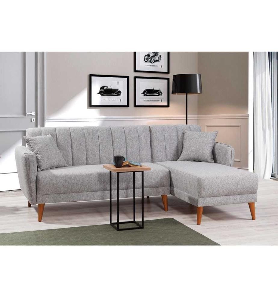 Divano-letto angolare, grigio, legno di carpino - struttura in metallo, tessuto di lino