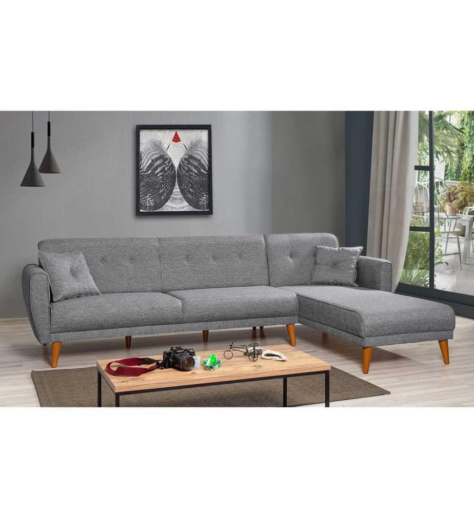 Divano-letto angolare, grigio scuro, struttura in legno di carpino, tessuto di lino