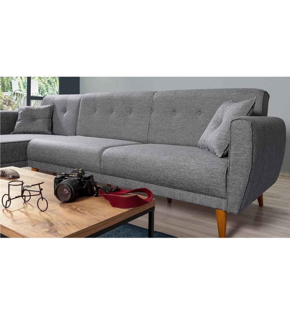 Divano-letto angolare, grigio scuro, struttura in legno di carpino, tessuto di lino