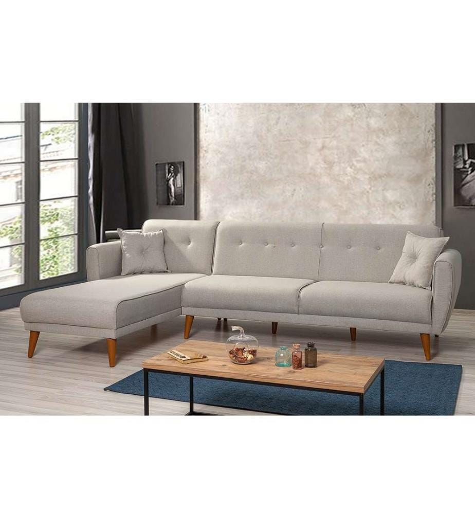Divano-letto angolare, crema, struttura in legno di carpino, tessuto di lino