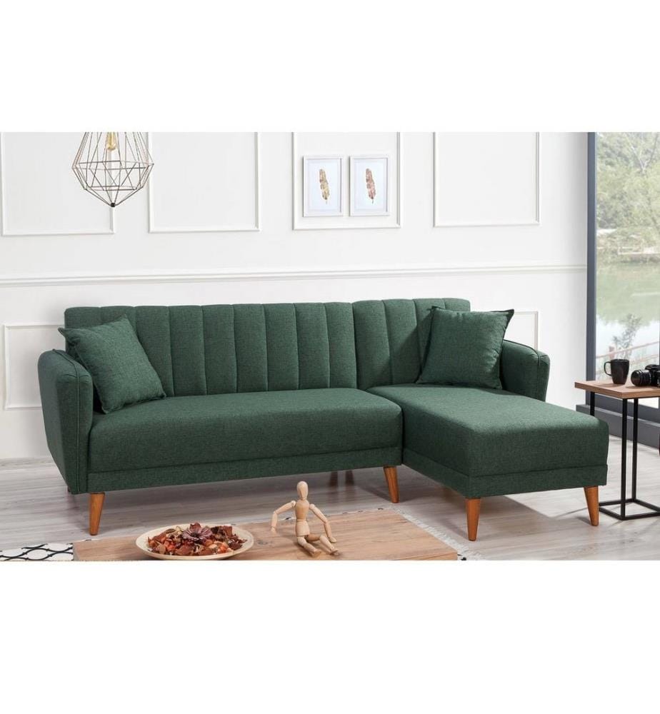 Divano-letto angolare, verde scuro, legno di carpino - struttura in metallo, tessuto di lino