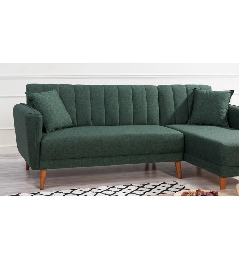 Divano-letto angolare, verde scuro, legno di carpino - struttura in metallo, tessuto di lino