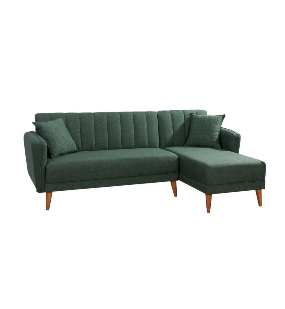 Divano-letto angolare, verde scuro, legno di carpino - struttura in metallo, tessuto di lino