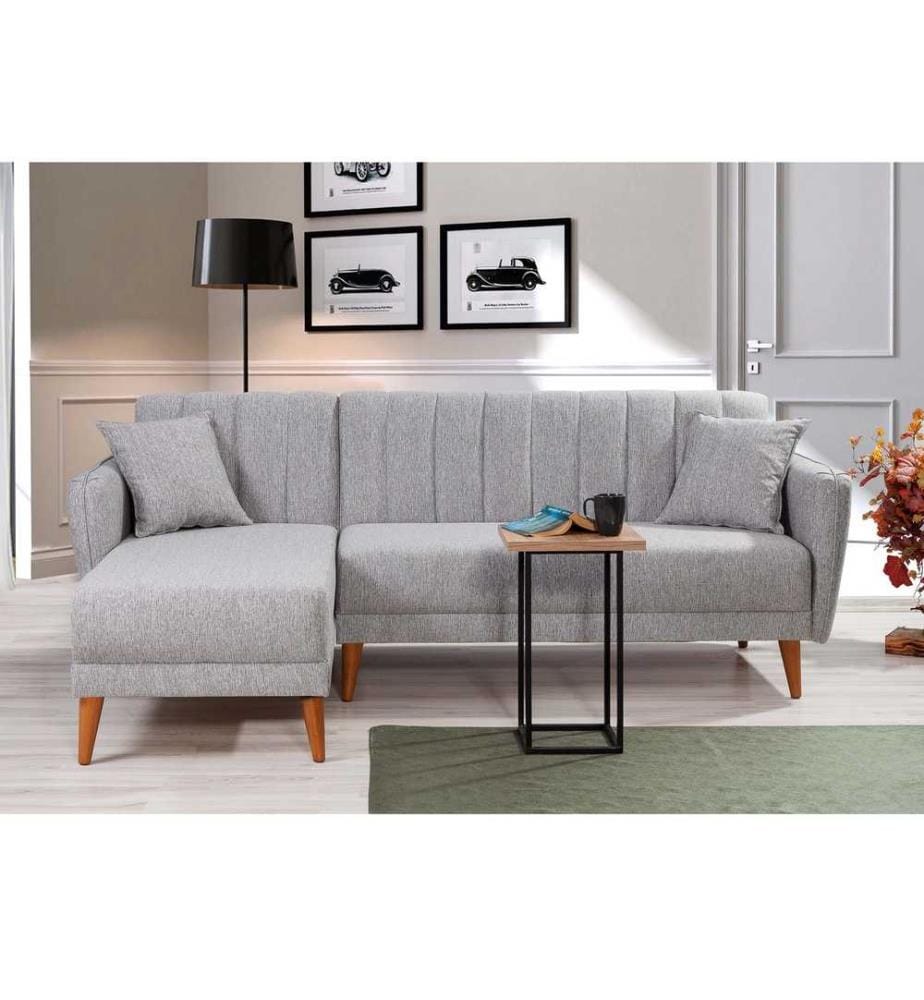 Divano-letto angolare, grigio, legno di carpino - struttura in metallo, tessuto di lino