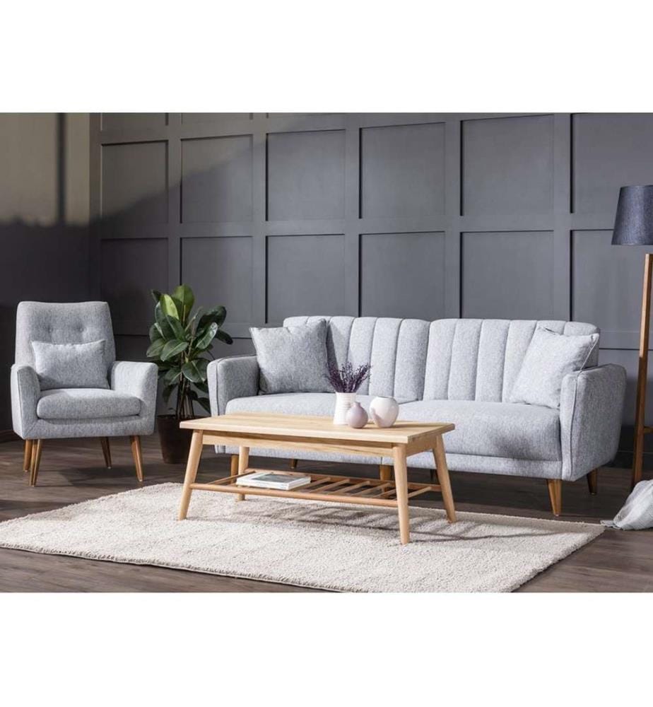 Sofa-Bett-Set, Grau, Hainbuchenholzrahmen, Leinenstoff