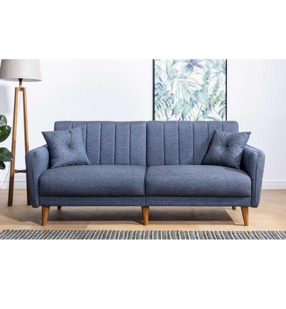 Set divano-letto, blu scuro, struttura in legno di carpino, tessuto di lino