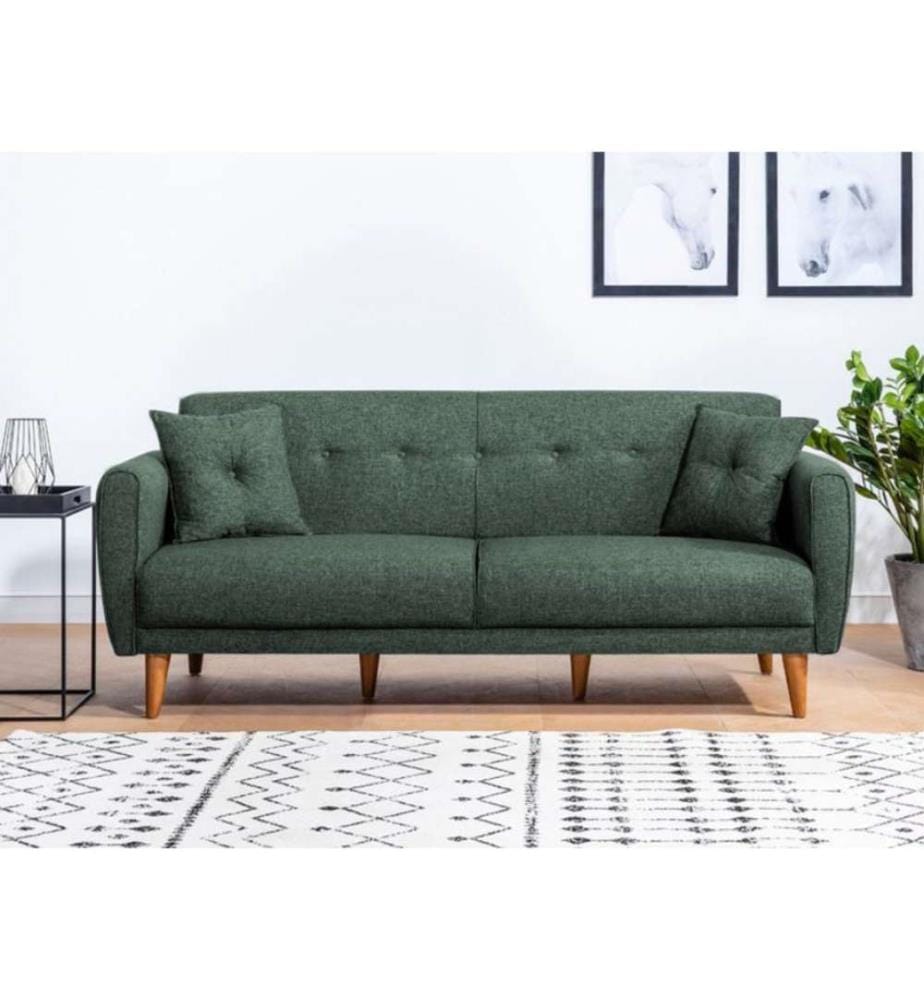 Set divano-letto, verde, struttura in legno di carpino, tessuto di lino