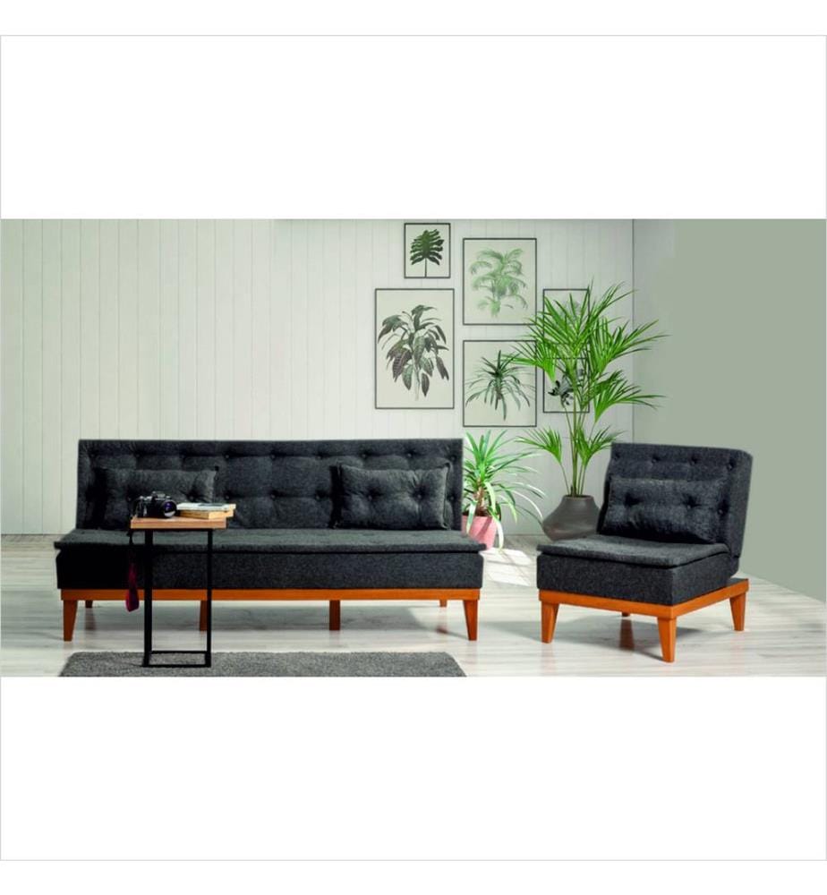 Ensemble canapé-lit, anthracite, cadre en bois de charme, tissu lin