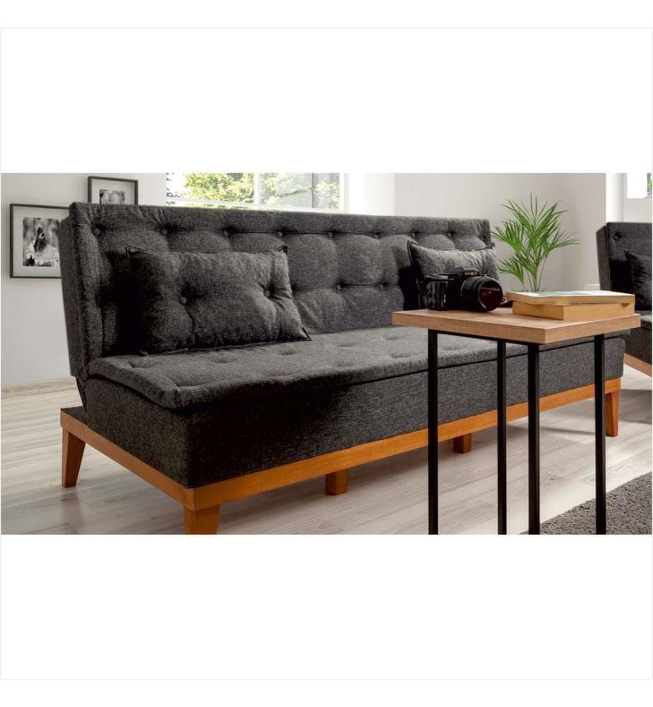 Ensemble canapé-lit, anthracite, cadre en bois de charme, tissu lin