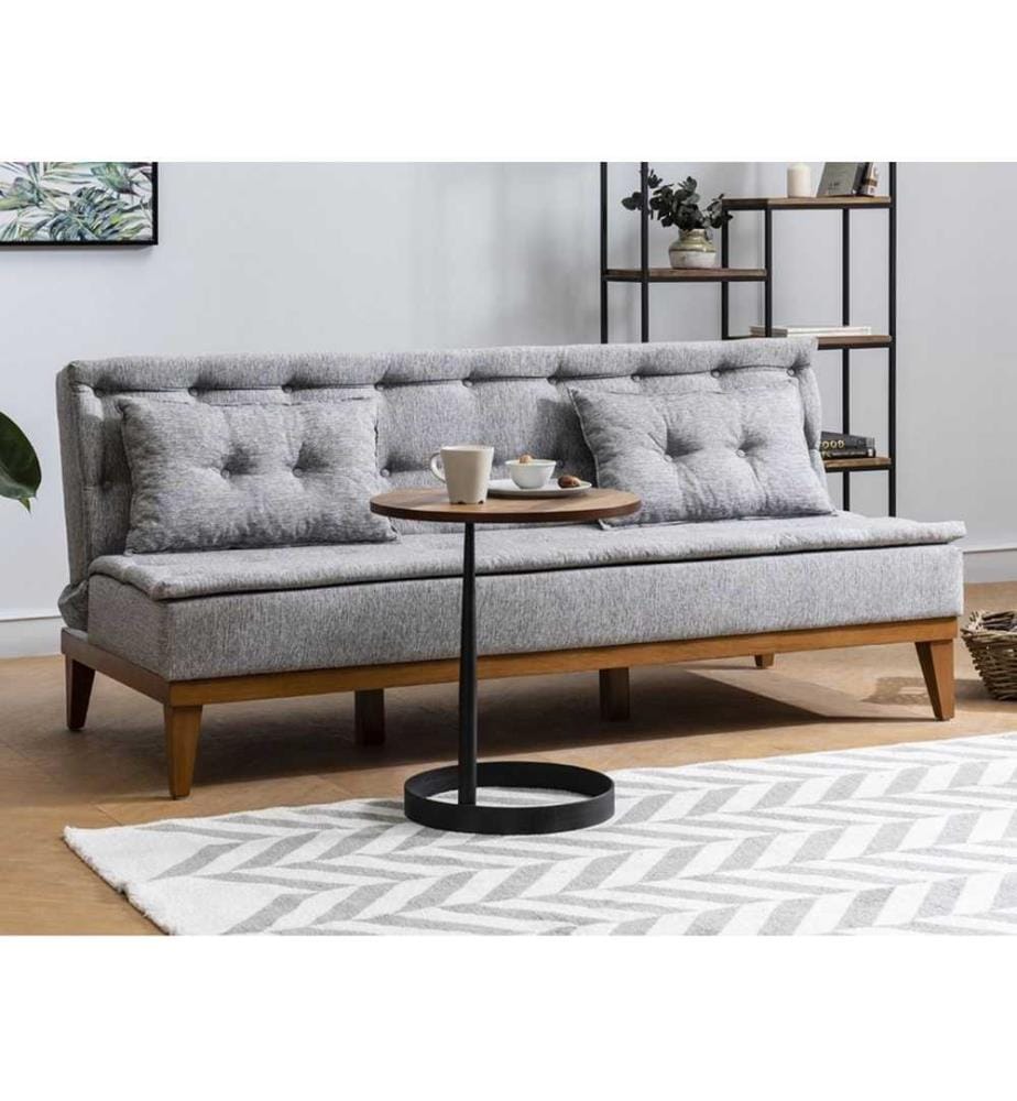 Set divano-letto, grigio, struttura in legno di carpino, tessuto di lino