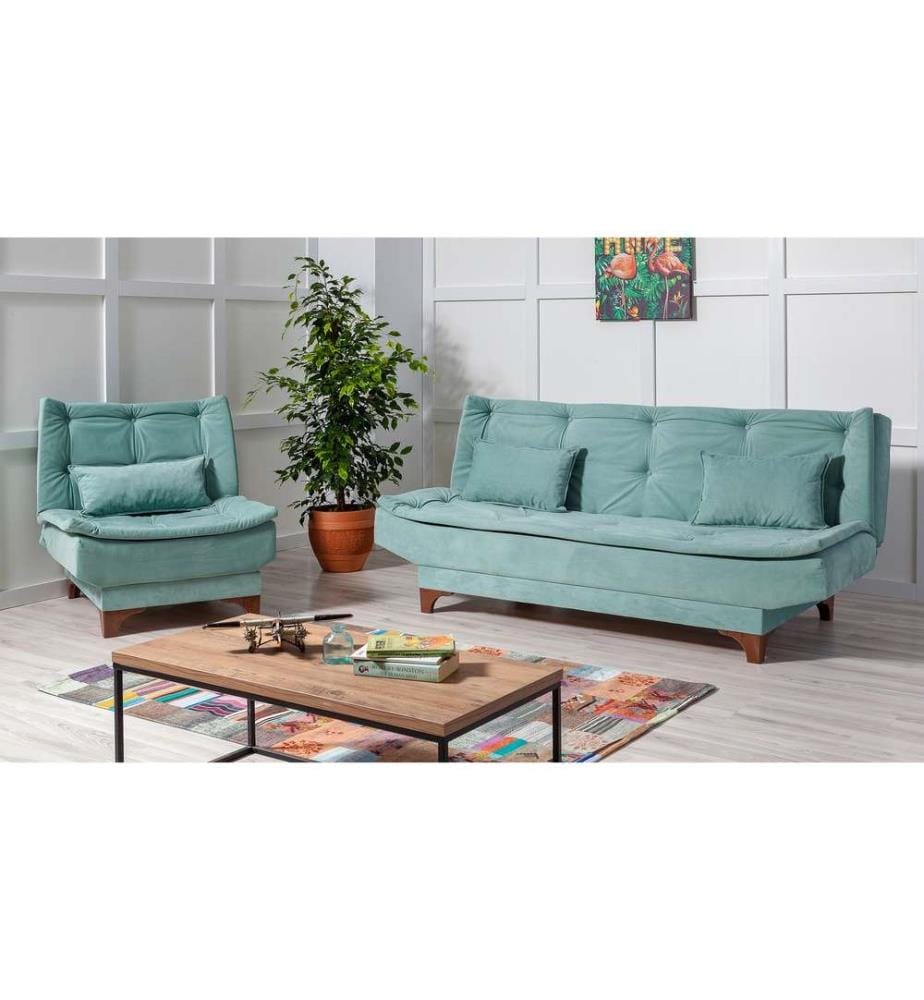 Set divano-letto, verde pistacchio, struttura in legno di carpino, tessuto a maglia