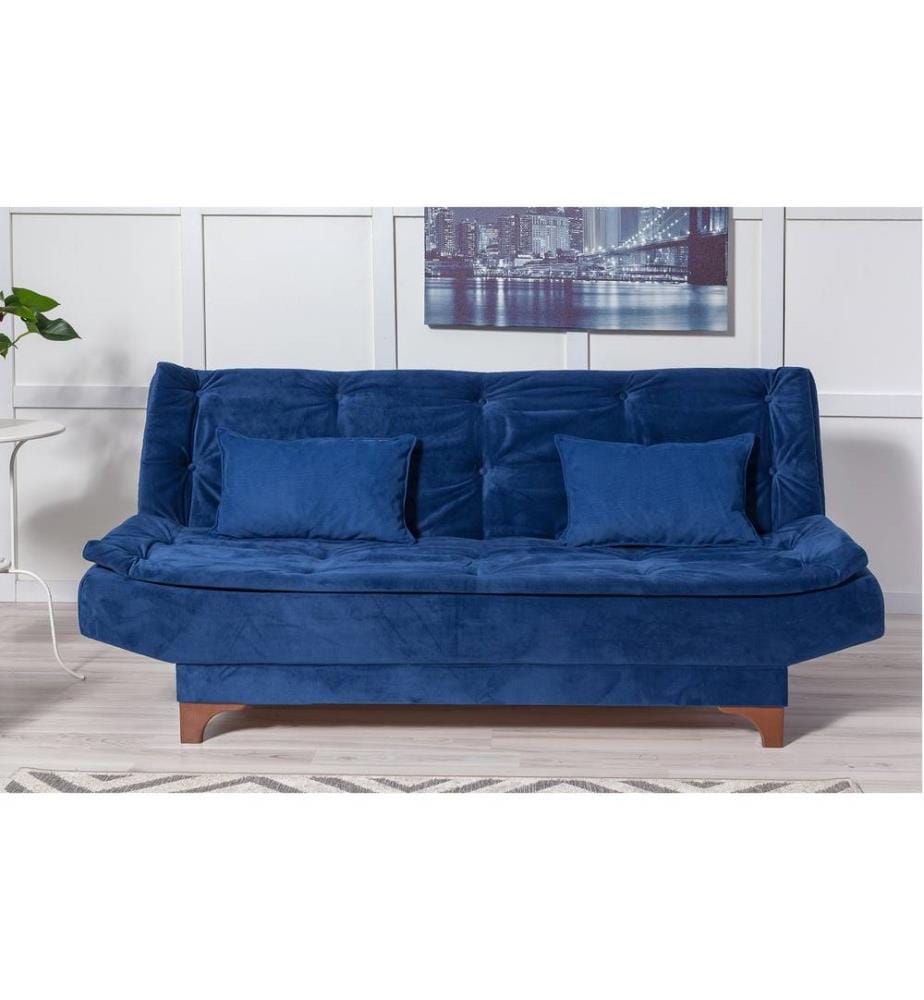 Set divano-letto, blu scuro, struttura in legno di carpino, tessuto a maglia