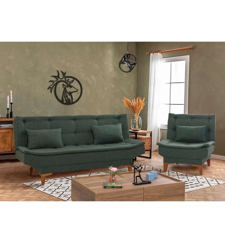 Set divano-letto, verde, struttura in legno di faggio, tessuto in poliuretano - acrilico
