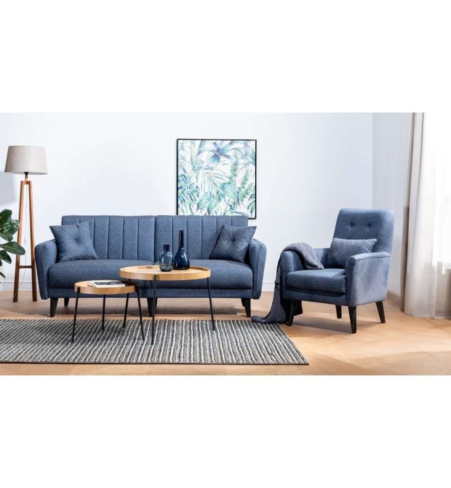 Set divano-letto, blu navy, struttura in legno di carpino, tessuto in poliestere
