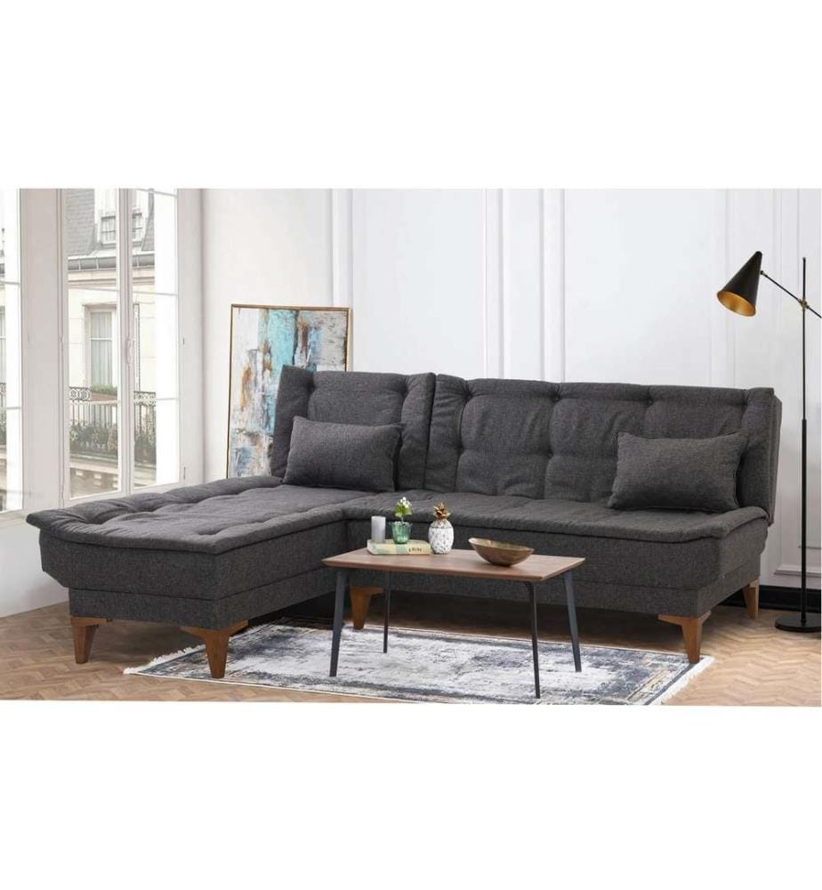 Divano-letto angolare, Antracite, Struttura: Legno di faggio, Tessuto: Tessuto 100% lino