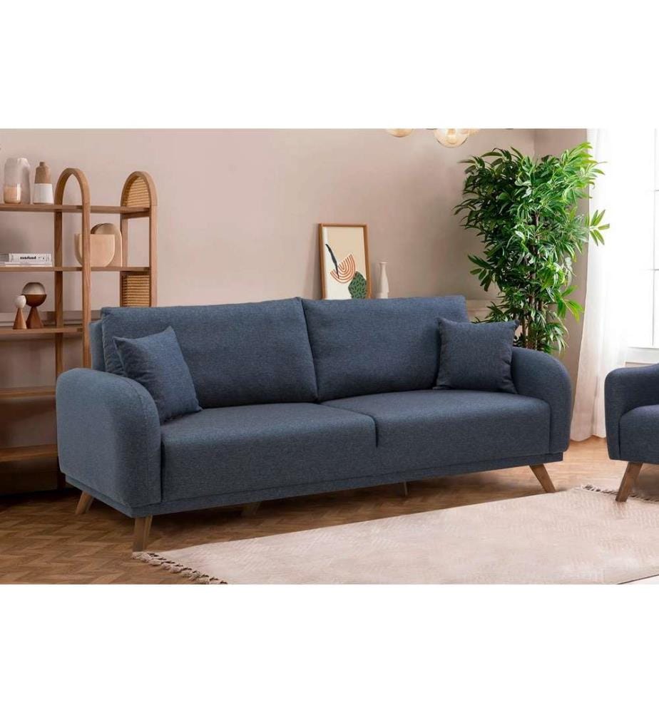 Divano-letto a 3 posti, Blu scuro, Struttura: Legno di faggio, Tessuto: Tessuto 100% lino