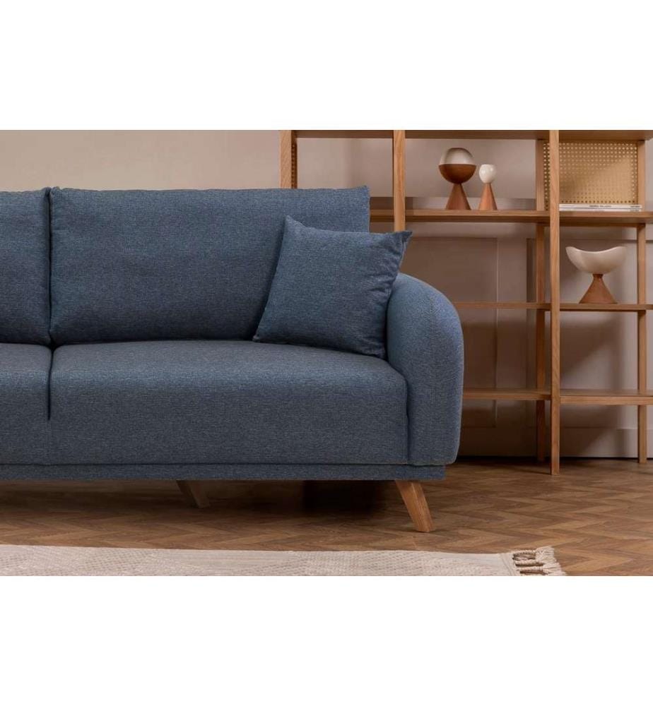 Divano-letto a 3 posti, Blu scuro, Struttura: Legno di faggio, Tessuto: Tessuto 100% lino