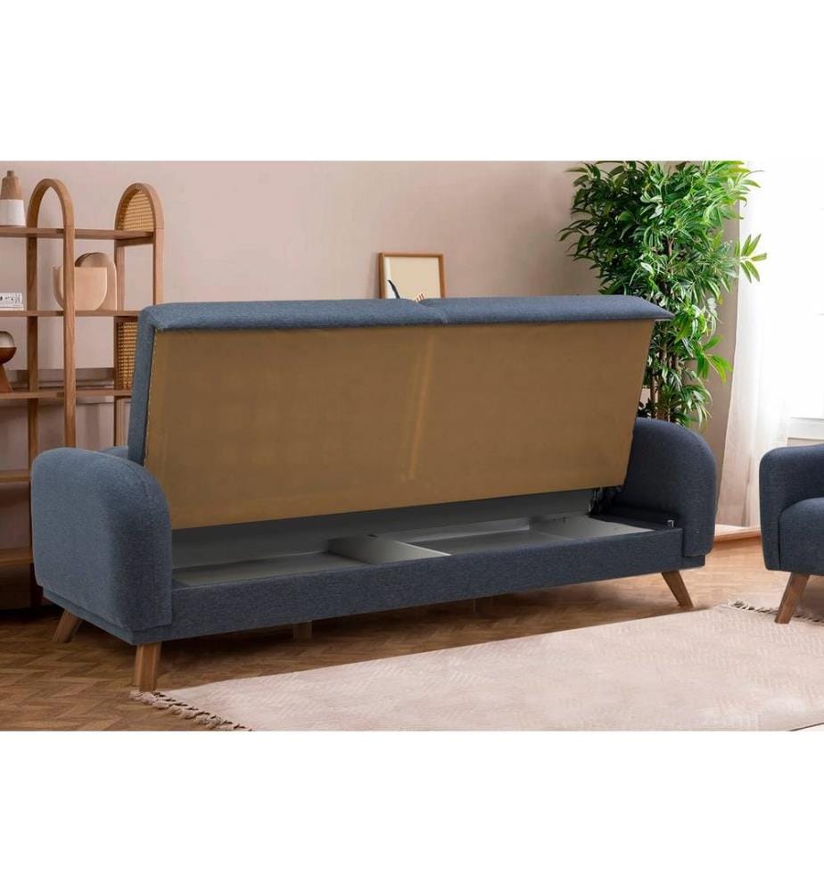 Divano-letto a 3 posti, Blu scuro, Struttura: Legno di faggio, Tessuto: Tessuto 100% lino