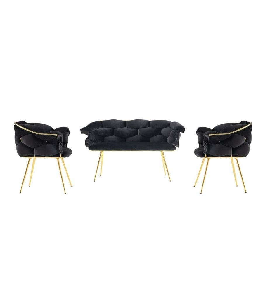 Set di divani, Nero, Oro, Struttura: Metallo, Seduta: Tessuto di velluto - Pannello di particelle rivestito di melamina