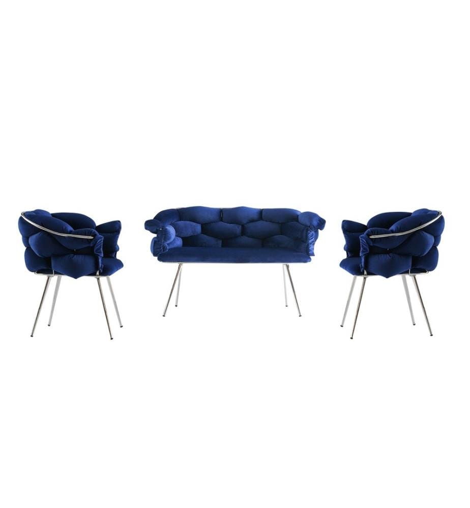 Set di divani, Blu marino, Cromo, Struttura: Metallo, Seduta: Tessuto di velluto - Pannello di particelle rivestito di melamina