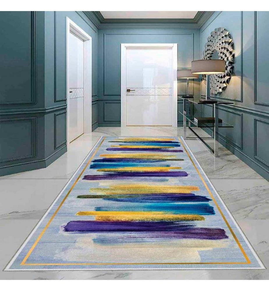 Teppich, Gold, Blau, Violett, Grau, 100% Polyester, 100 x 450 cm