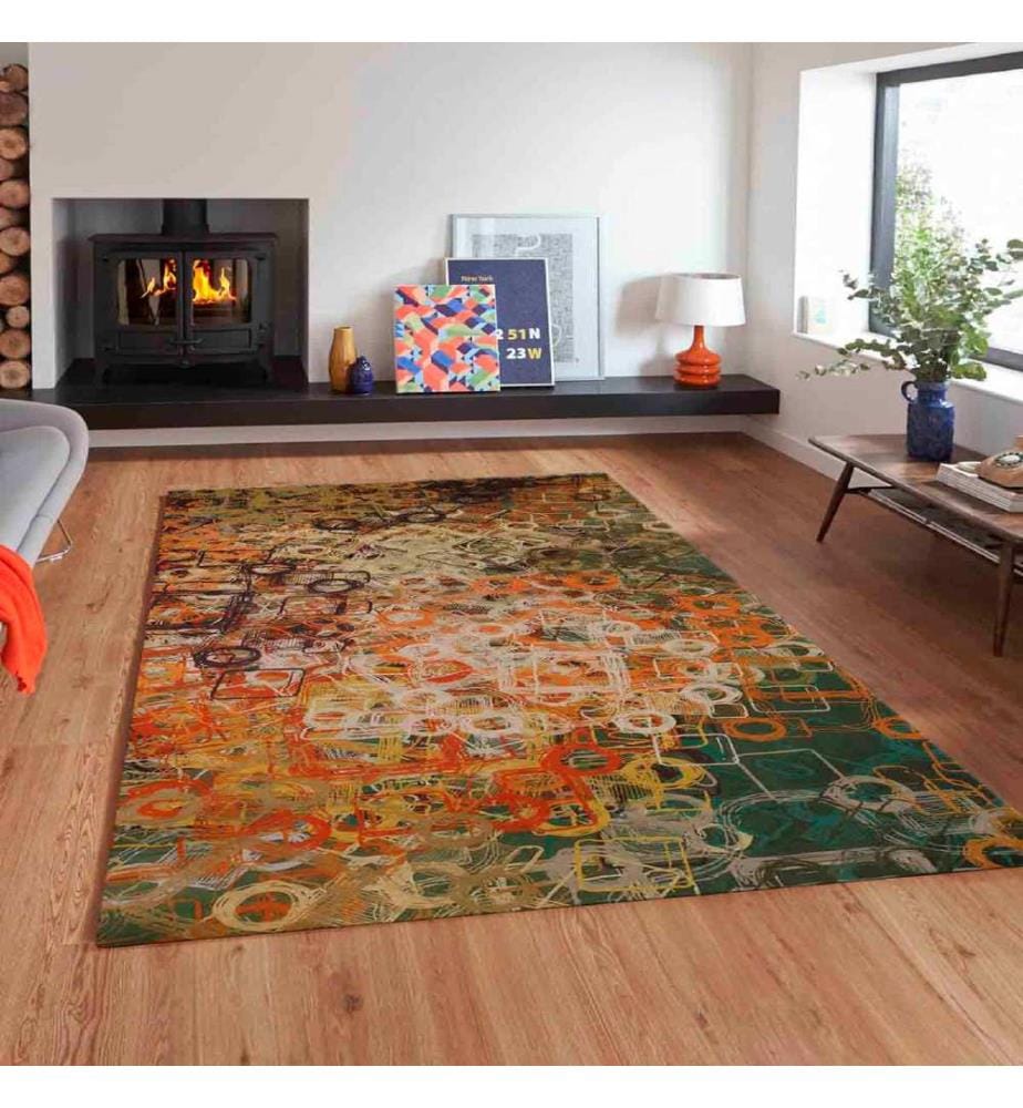 Tapis, rouge, orange, beige, moutarde, 100% polyester, 100 x 150 cm