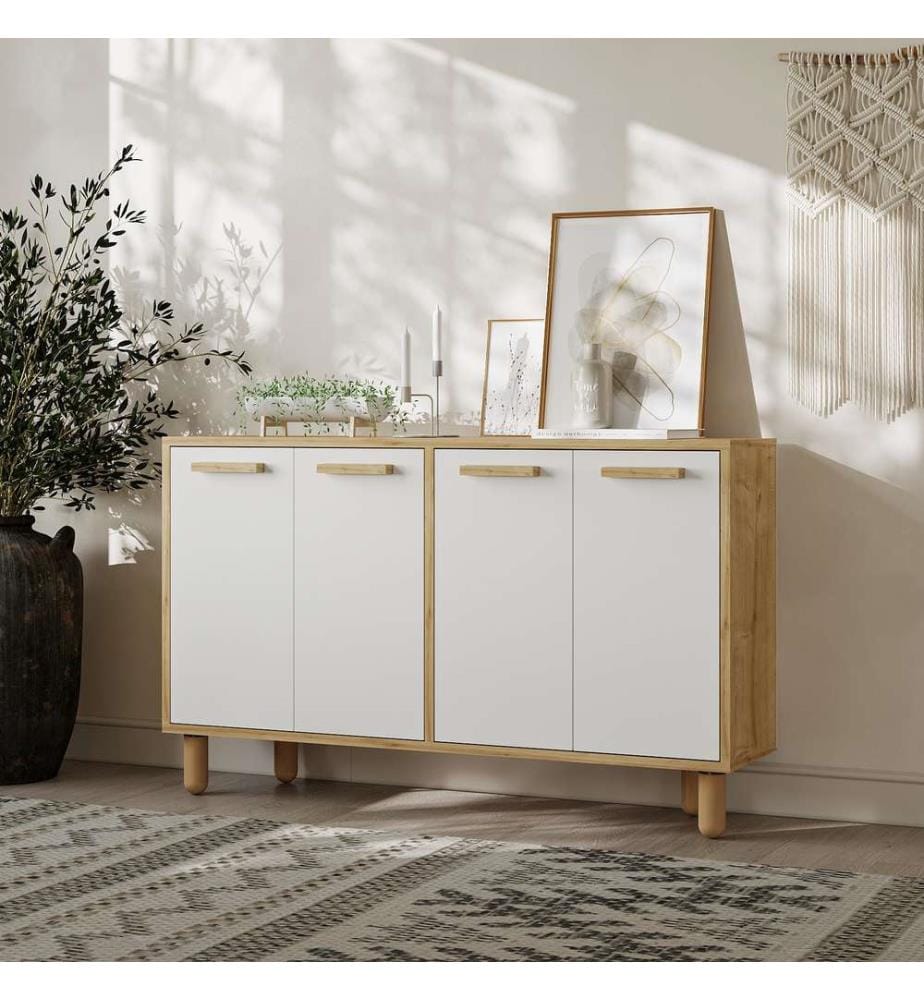 Console, chêne saphir, blanc, panneau de particules 100 % mélaminé