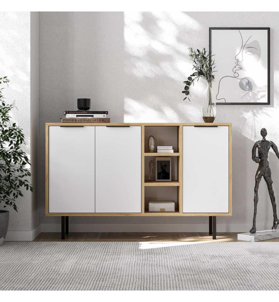 Console, chêne saphir, blanc, panneau de particules 100 % mélaminé